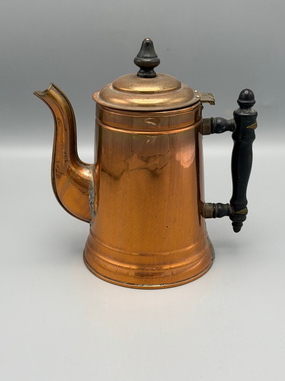 Lisk Copper Coffee Pot Antique Hinged Lid Black Wood Handle Tin Lined